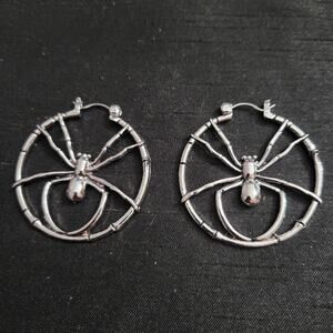 Spider silver tone hoop earrings, goth halloween accessory
